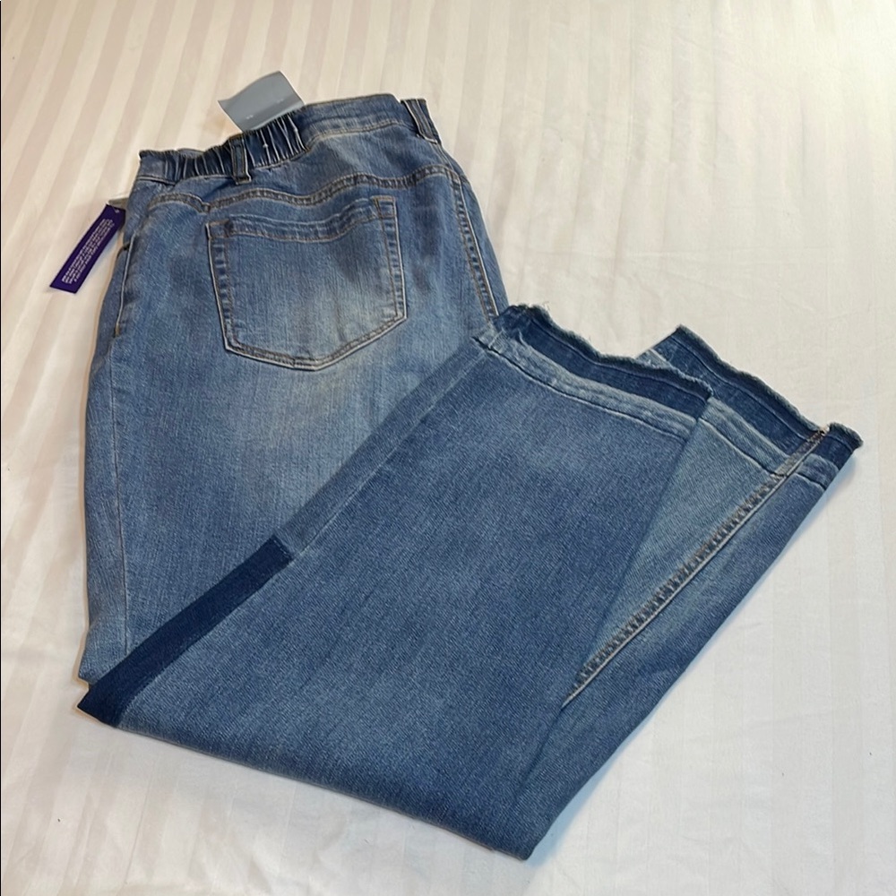 Catherines Blue Straight Leg Jeans with Distressing and Patchwork - Picture 4 of 10